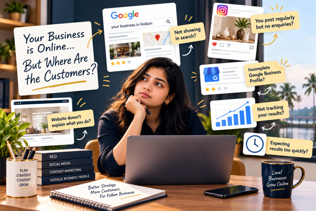 Why your business is not getting customers online in 2026 – digital marketing infographic highlighting SEO, Google Business Profile optimization, website visibility, social media marketing, and analytics for local businesses in Kollam.